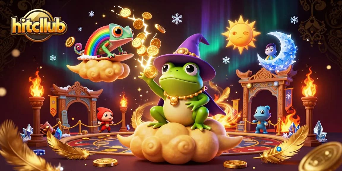Join the excitement at hitcllub as the wizard frog conjures golden coins amidst a vibrant casino-themed storm.