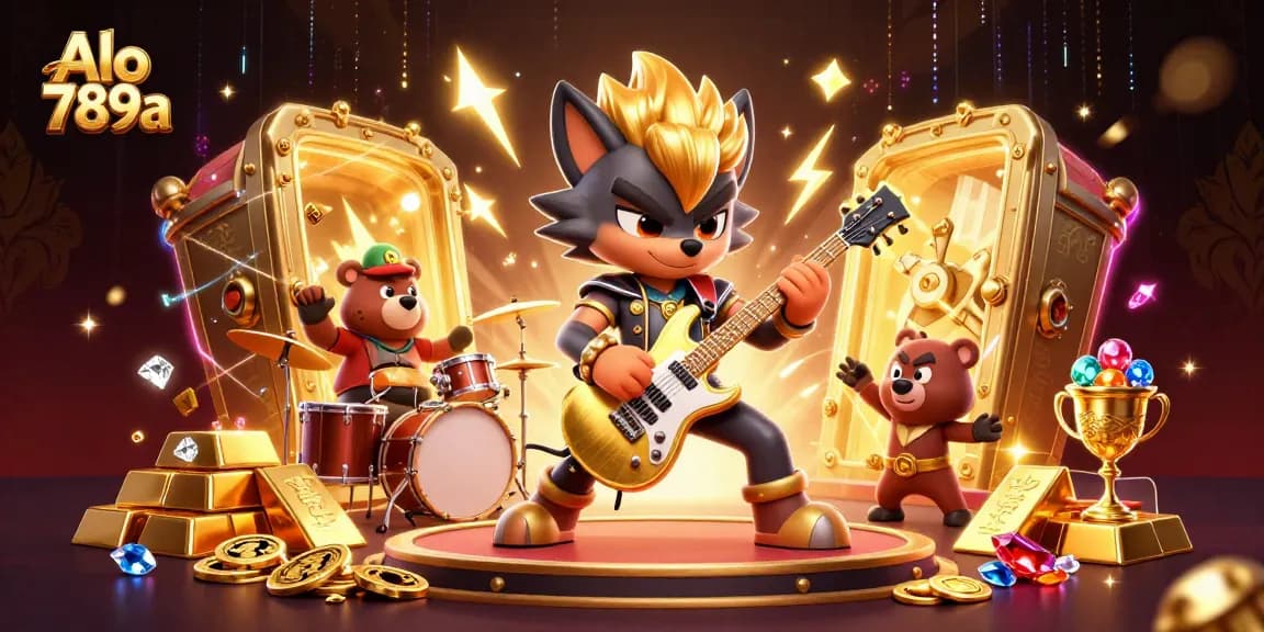Alo 789a rocks the casino stage as a cartoon wolf plays a golden guitar amidst a treasure-filled scene.