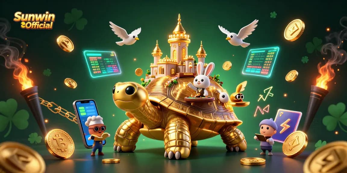 Experience the excitement of Sunwin Official with a vibrant 3D casino scene showcasing a golden tortoise and a rabbit dealer.