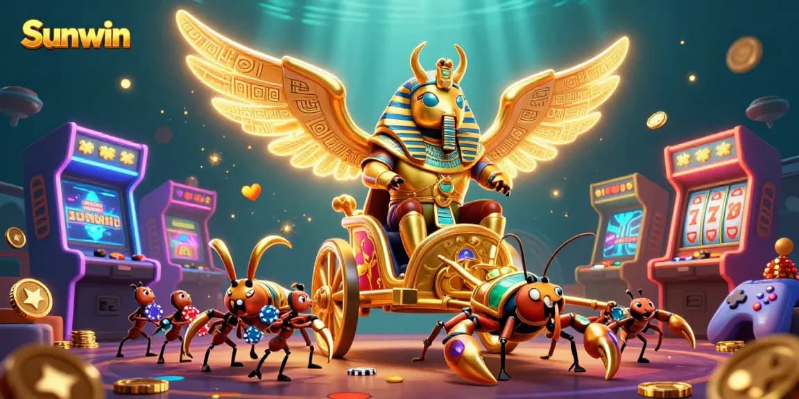 Join the thrilling Sunwin adventure featuring a golden scarab beetle and dynamic casino elements.
