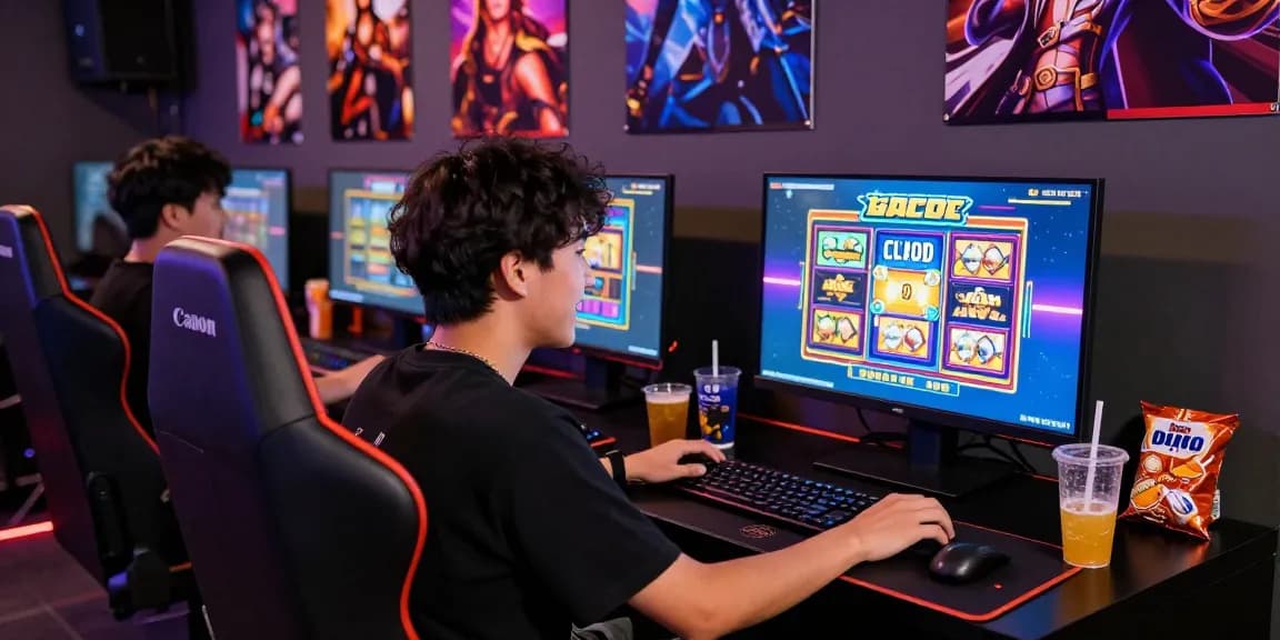 Seorang pemain slot gacor yang bersemangat bermain di komputer dengan suasana gaming yang dinamis.