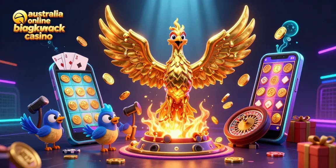 Experience the thrill of australia online blackjack casino with a stunning phoenix-themed casino illustration.