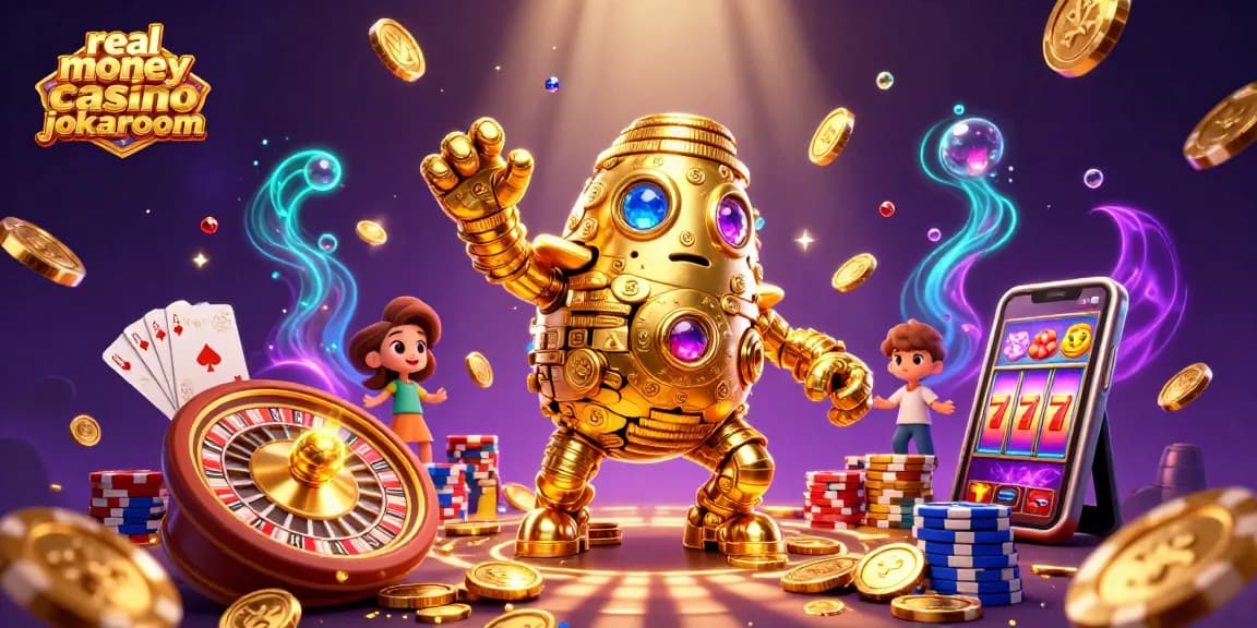 Experience the excitement of real money casino jokaroom with a vibrant 3D illustration showcasing a magical gold golem and dazzling casino elements.