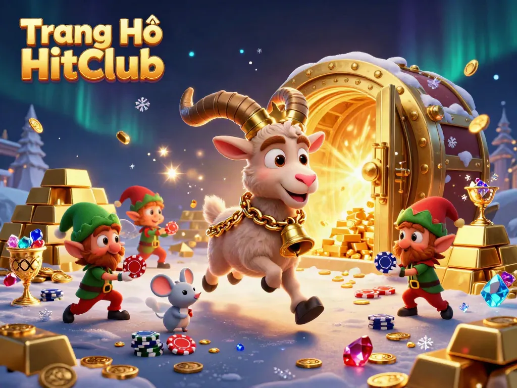 Experience excitement at Trang Chủ HitClub with festive casino chaos and adorable characters in a dynamic scene.