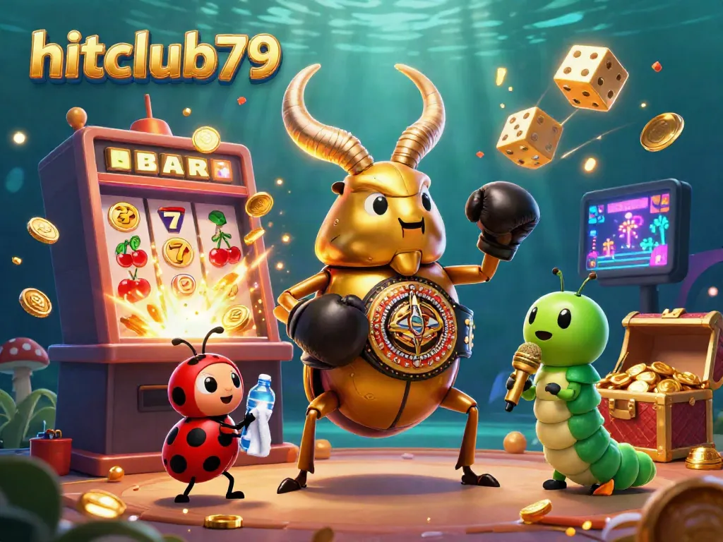 Experience the excitement of hitclub79 with a 3D illustration of a golden stag beetle and casino elements.