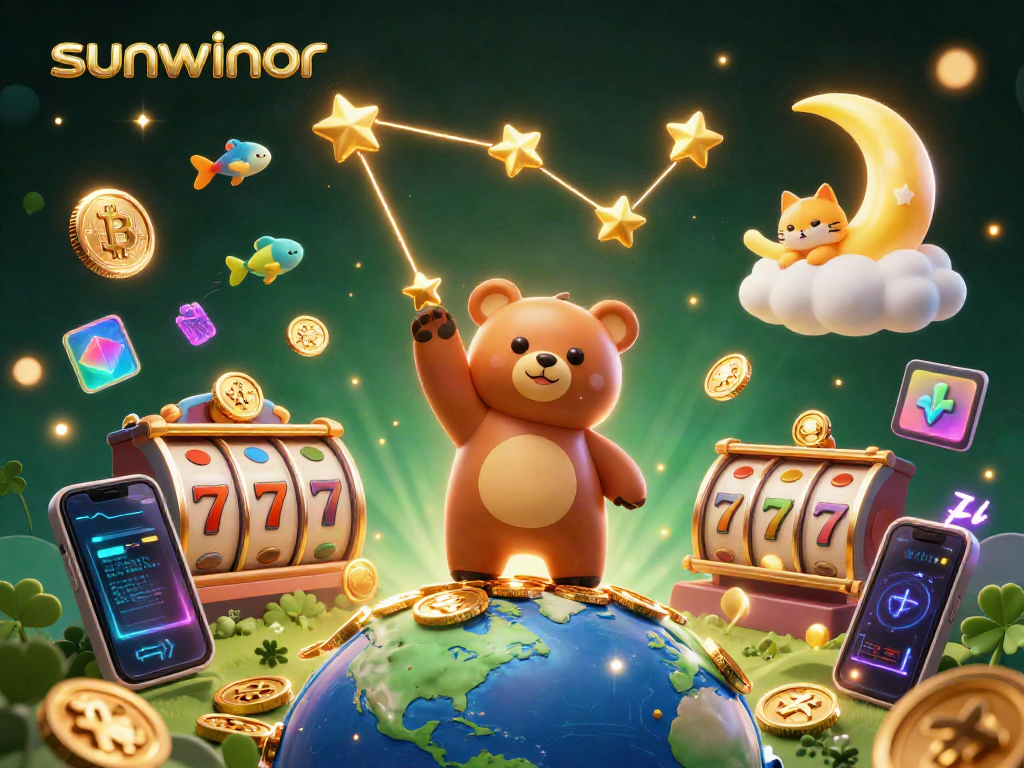 Experience the thrill of winning with sunwinor's vibrant 3D casino scene featuring exciting slot reels and golden stars.