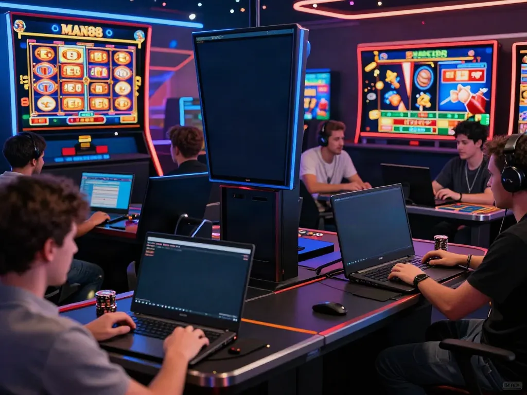 Exciting online gaming atmosphere at MAN88, showcasing diverse players enjoying live casino games and vibrant graphics.