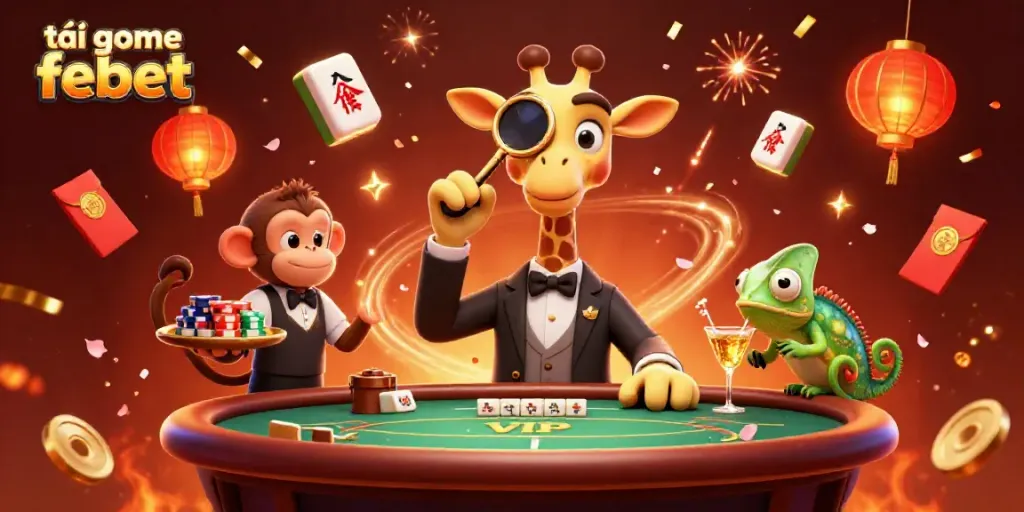 Experience the excitement with "tải game febet" in this lively casino scene featuring a giraffe, monkey, and chameleon.