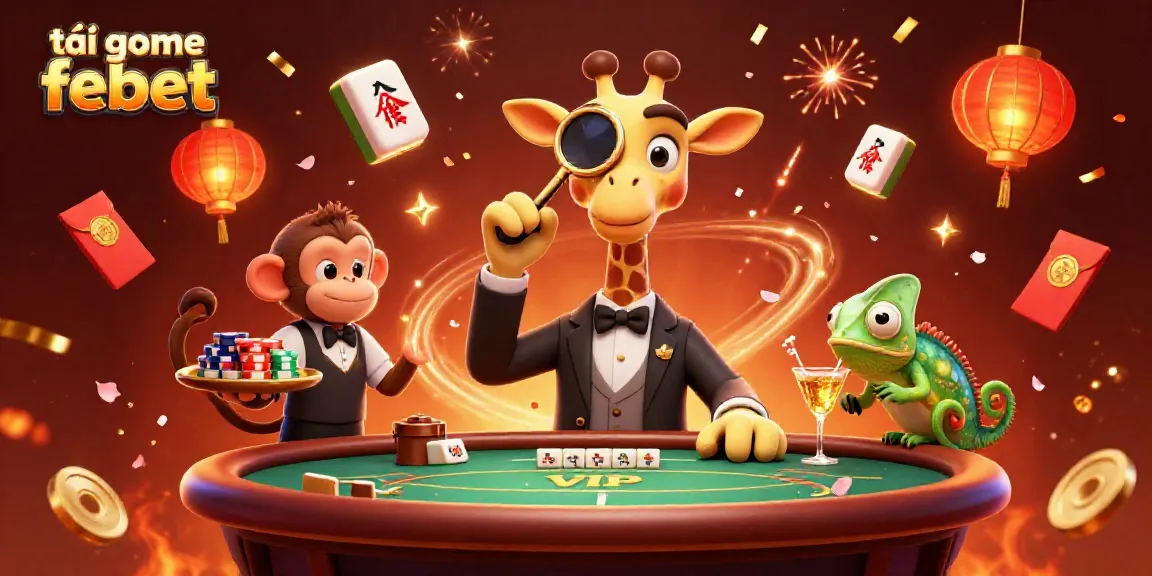 Experience the excitement with "tải game febet" in this lively casino scene featuring a giraffe, monkey, and chameleon.
