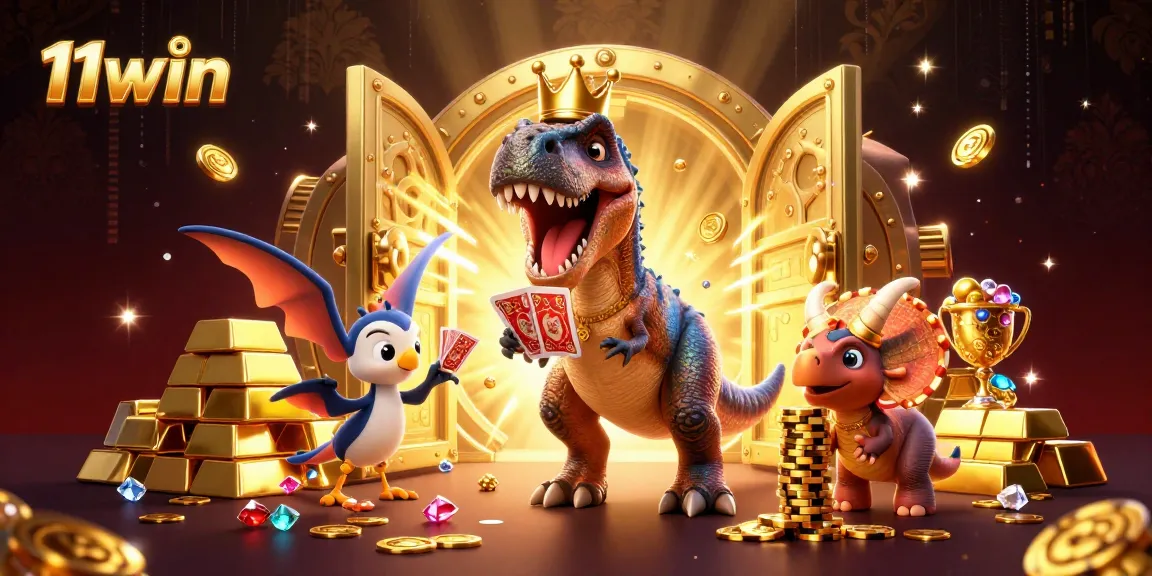 Experience the excitement of 11win casino with a T-Rex and friends playing cards.
