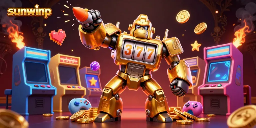 Engage with sunwinp's exciting gaming experience featuring a golden gorilla mech and dynamic casino elements.