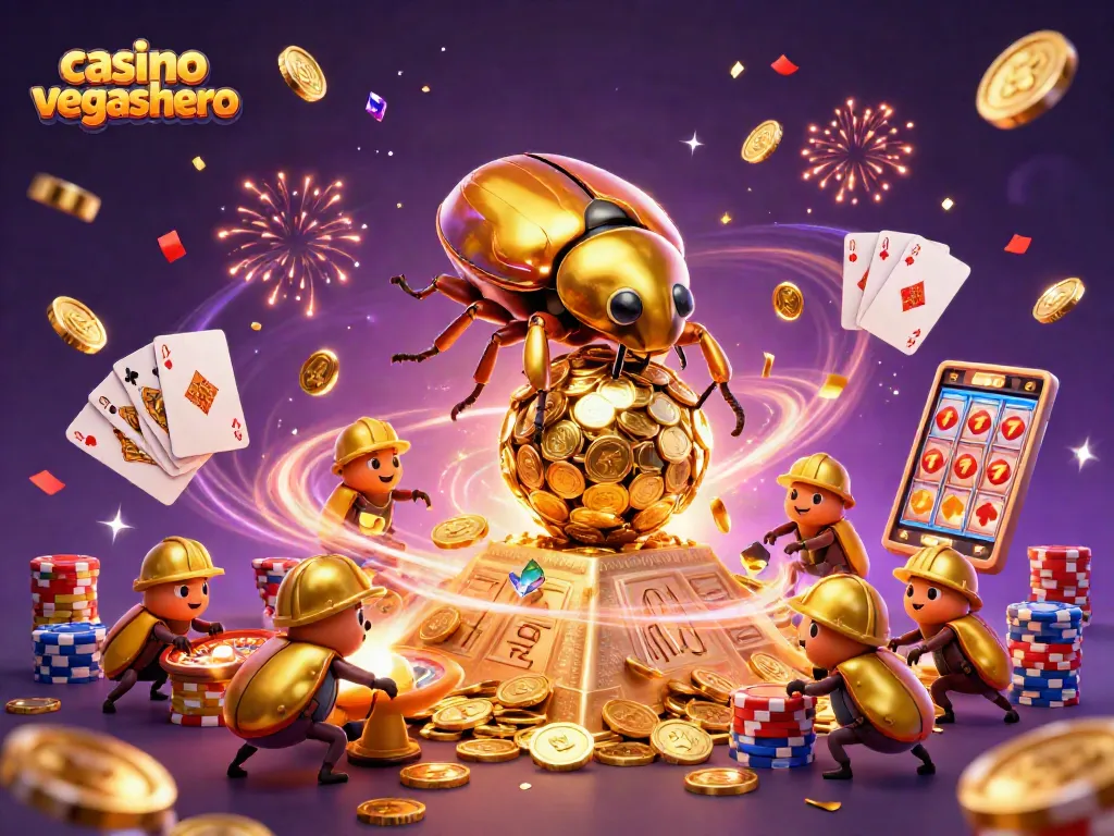 Play at casino vegashero with vibrant 3D illustration of golden beetles and festive casino elements.