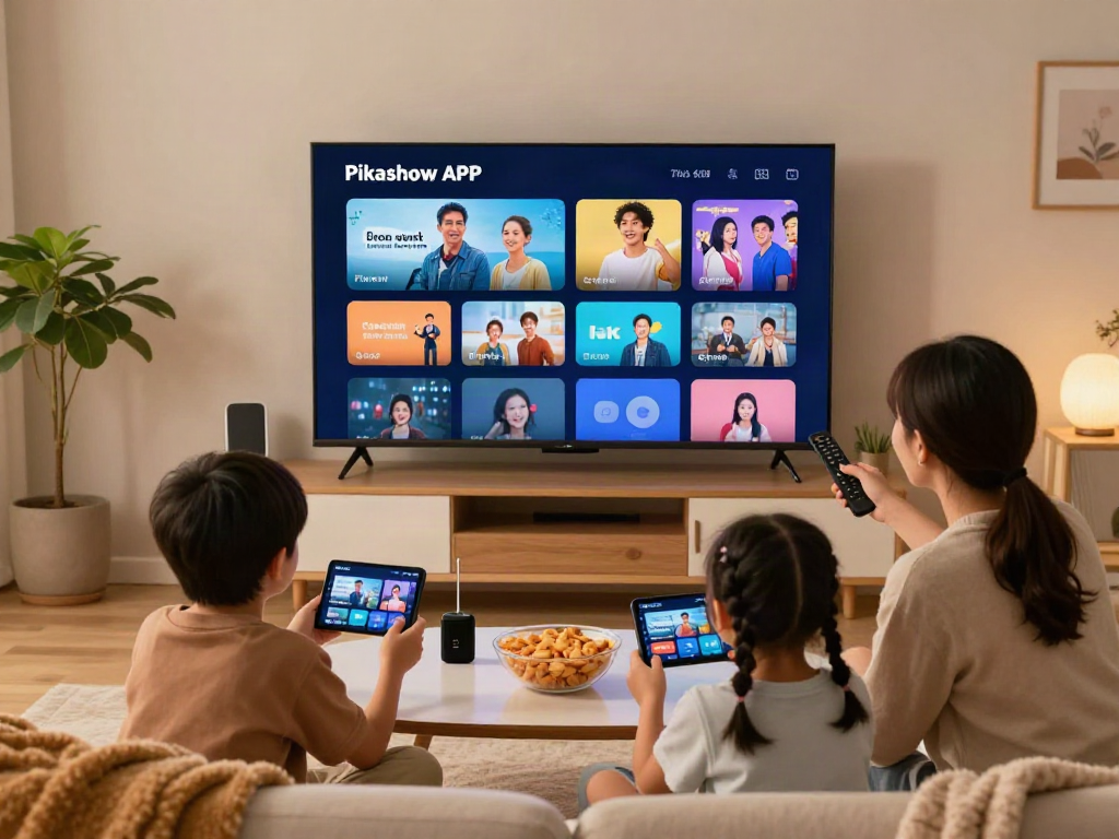 A family enjoying the Pikashow APK on their smart TV in a cozy living room setting.
