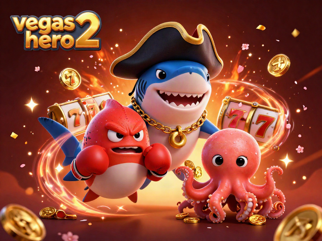 Experience the excitement at vegashero 2 with vibrant slot reels and engaging characters in this festive scene.