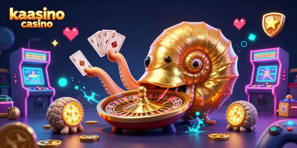 Kaasino casino showcases a vibrant 3D scene with a giant nautilus roulette wheel and glowing ammonite companions.