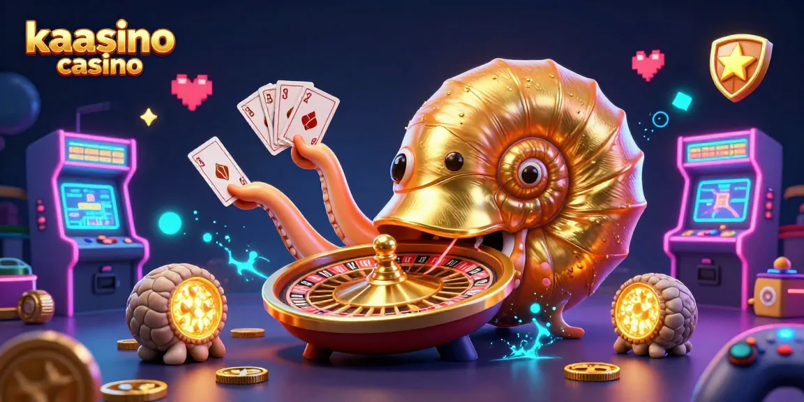 Kaasino casino showcases a vibrant 3D scene with a giant nautilus roulette wheel and glowing ammonite companions.